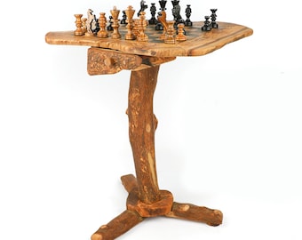 Elegant Wooden Chess Set Table Handmade - Olive Wood Chess Table with Drawers - Unique Chess Gift + Free Personalization & Wood Wax