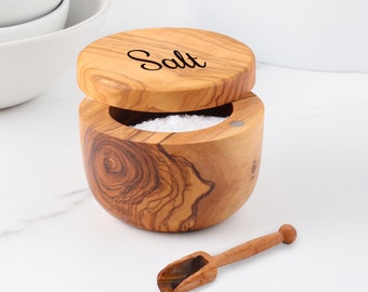 Practical Olive Wood Salt Cellar with Pivoting Lid and Spoon, Elegant Housewarming Gift - Handmade Salt Pot with Lid + Free Wood Wax