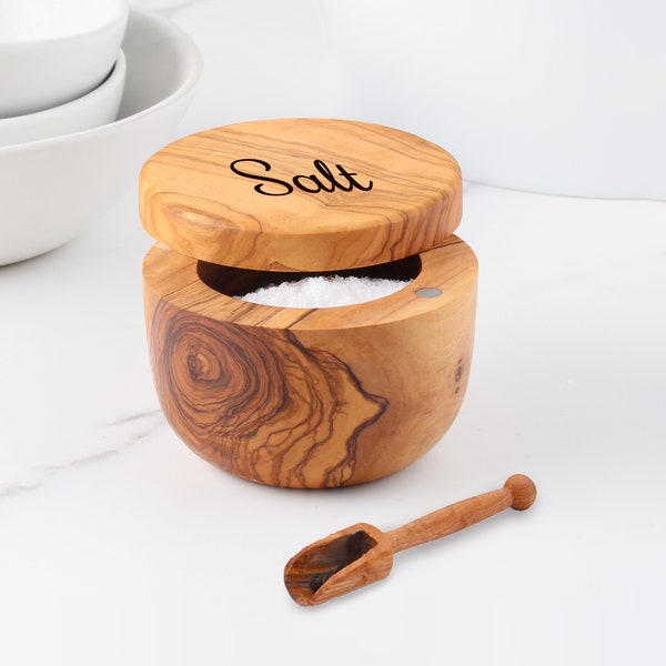 Practical Olive Wood Salt Cellar with Pivoting Lid and Spoon, Elegant Housewarming Gift - Handmade Salt Pot with Lid + Free Wood Wax