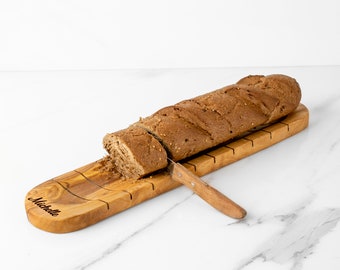 Handmade Olive Wood French Bread Board - Artisan Wooden Baguette Cutting Board for Bread Lovers + Free Personalization & Wood Wax