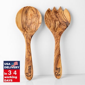 Engraved Olive Wood Salad Servers, Personalized Spoon and Spork Gift Set for Mom