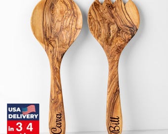 Engraved Olive Wood Salad Servers, Personalized Spoon and Spork Gift Set for Mom