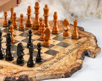 Olive Wood Chess Set, Handmade Rustic Live Edge Wooden Board with Pieces, Personalized Anniversary Gift for Him Dad Husband