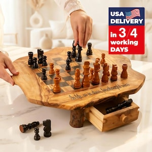 Personalized Engraved Chess Gift for Him, Wooden Board Game Set on Rustic Wood Legs