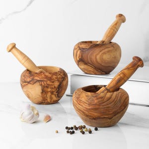 Olive Wood Mortars and Pestles Set Large Mortar and Pestle Wooden Handmade Custom Kitchen Home Gift + FREE Personalization & Wood Wax