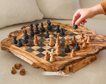 Personalized Olive Wooden Chess Set - Handmade Chess Board with Storage - Ideal Gift for him -FREE Personalization & Wood Wax