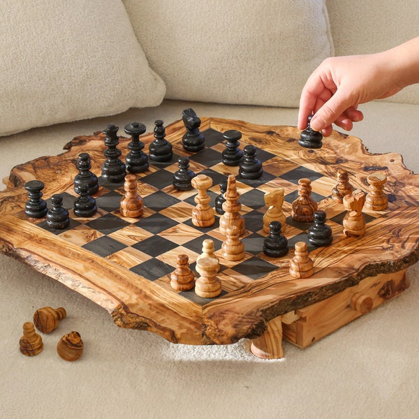 Olive Wood Personalized Chess Set - Handmade Chess Board with Storage - Ideal Gift for him - FREE Personalization & Wood Wax