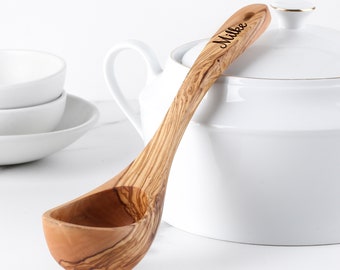 Practical Wooden Ladle Handmade from Olive Wood, Eco-Friendly Wooden Serving Utensils -FREE Personalization & Wood Wax