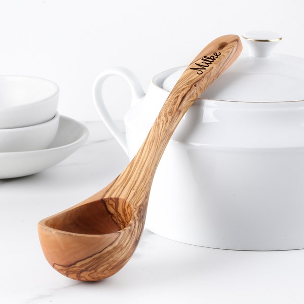 Practical Wooden Ladle Handmade from Olive Wood, Eco-Friendly Wooden Serving Utensils -FREE Personalization & Wood Wax