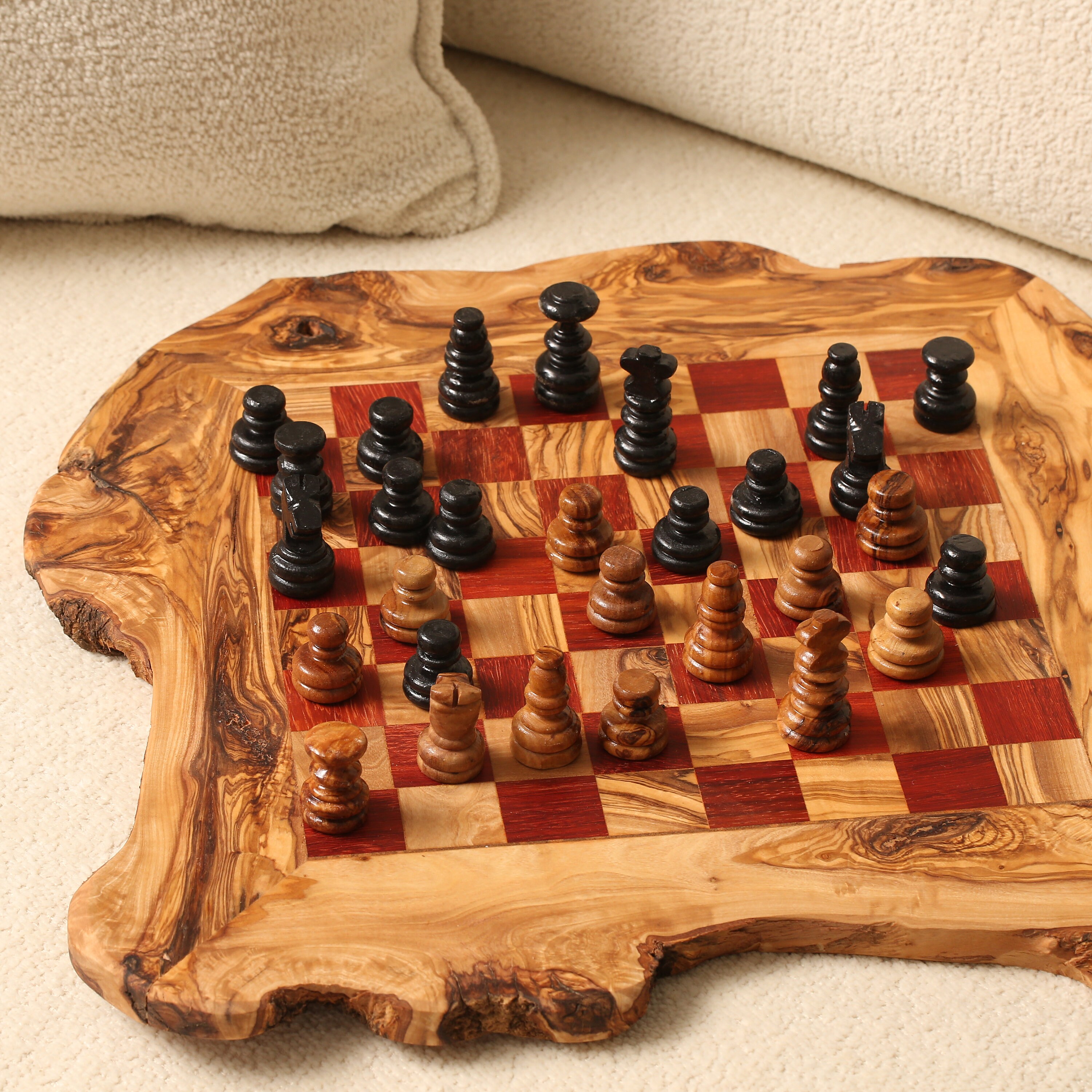 Handmade Olive Wood Chess Set With Natural Edge Traditional & Eco