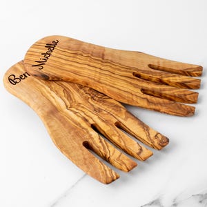 Olive Wooden Salad Servers Set of 2 Handmade - Salad Hands for Serving - Sustainable Kitchen +FREE Personalization & Wood BeesWax