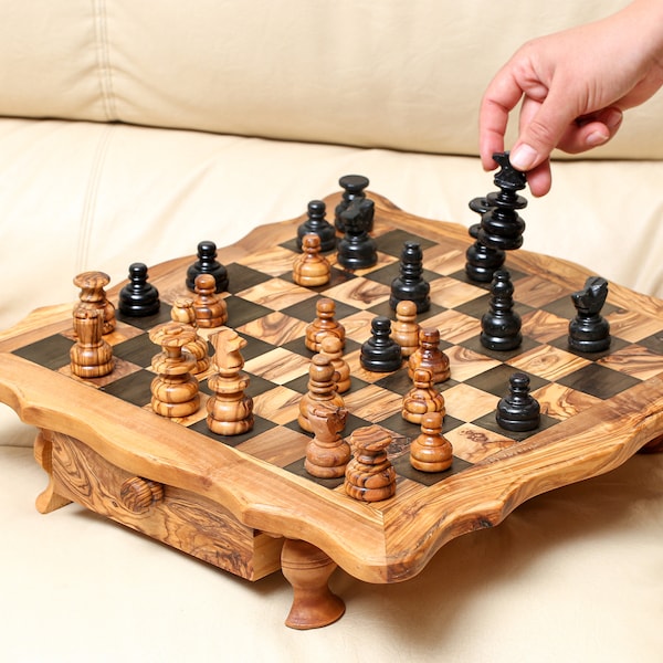 Luxury Olive Wood Chess Set - Handmade Artisan Chess Board with Storage, Perfect Custom Gift for him -FREE Personalization & Wood Wax