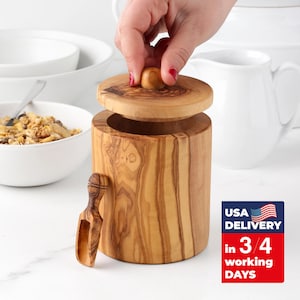 Handmade Olive Wood Salt Box with Lid and Spoon