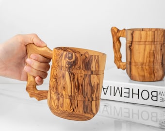 Large Handmade Olive Wood Tankards - Durable Wooden Mugs with Handle for Hearty Beverages +FREE Personalization and Wood BeesWax