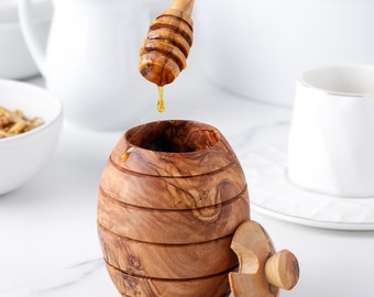 Functional Handmade Honey Jar with Dipper - Eco-Friendly Olive Wood Honey Pot with Dipper - Perfectly Gifted Honey Dispenser