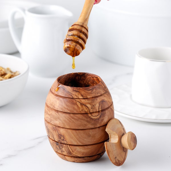 Functional Handmade Honey Jar with Dipper - Eco-Friendly Olive Wood Honey Pot with Dipper - Perfectly Gifted Honey Dispenser