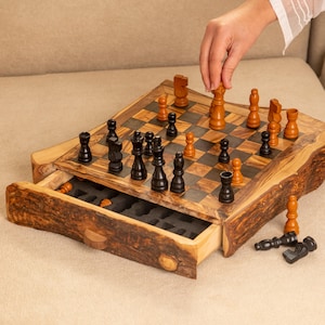 Rustic Handmade Chess Set with Storage | Personalized Olive Wood Chess Board | Luxury Wooden Chess Set + FREE Engraving & Wood Wax