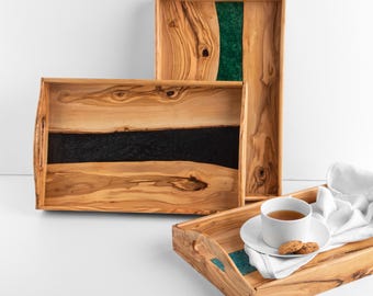 Handmade Olive Wood Serving Tray with Resin Accents and Handles | Boho Decor Gift