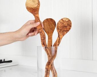 Handmade Olive Wood Cooking Spoon: Curvy Handle, +FREE Personalization & Beeswax kit