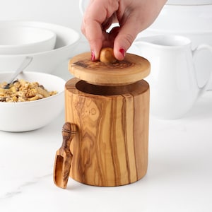 Practical Salt Box Handmade from Olive Wood - Wood Salt Cellar with Lid and Spoon -FREE Wood Wax