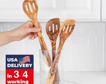 Personalized Slotted Spoon, Engraved Olive Wood Cooking Gift for Mom, Hostess Idea