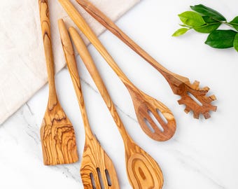 Handmade Olive Wood Utensil Set: 5 Wooden Kitchen Spoons & Spatulas