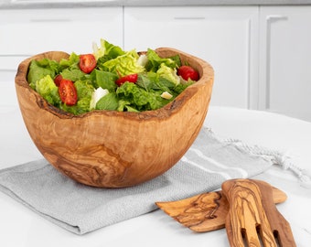 Large Olive Wooden Salad Bowl with Servers - Handmade Bowl with Rustic Edges - Practical Salad Serving Set + Free Wood Wax