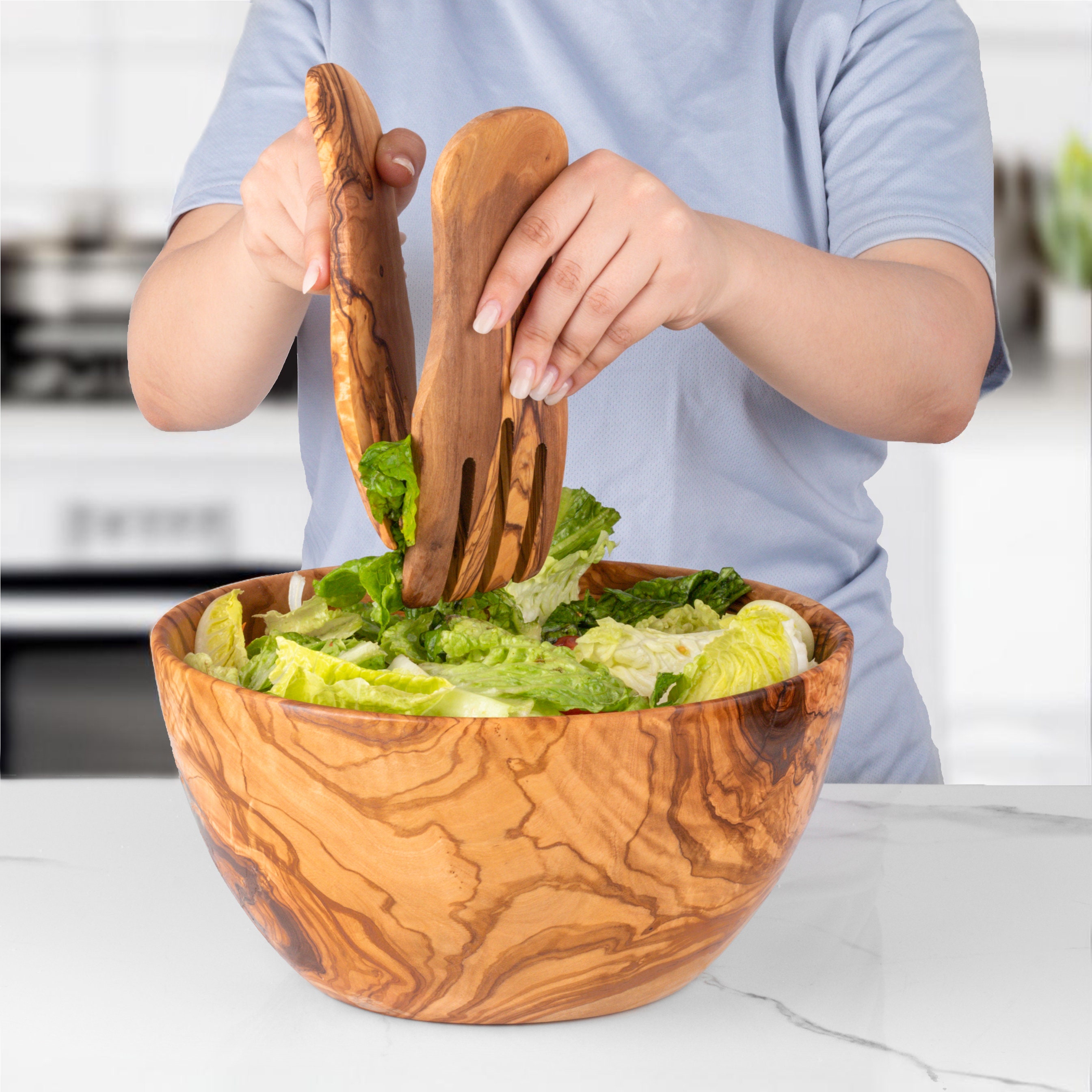 Wooden Salad Bowl Set Voce With Servers And Dressing Jar Large