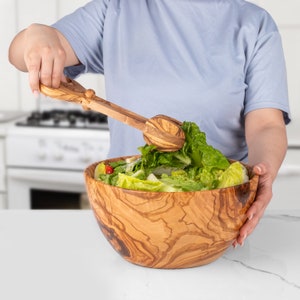 Handmade Olive Wood Salad Bowl with Servers – Large Wooden Salad – Elegant Round edged Bowl with Free Beeswax