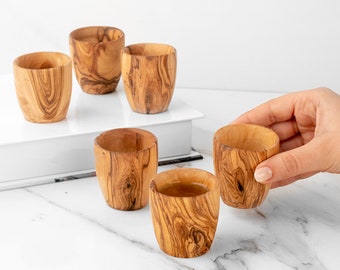 Olive Wood Wooden Shot Glasses Set - Handmade Set of Small Wood Cups for Unique Entertaining + Free Wood Wax
