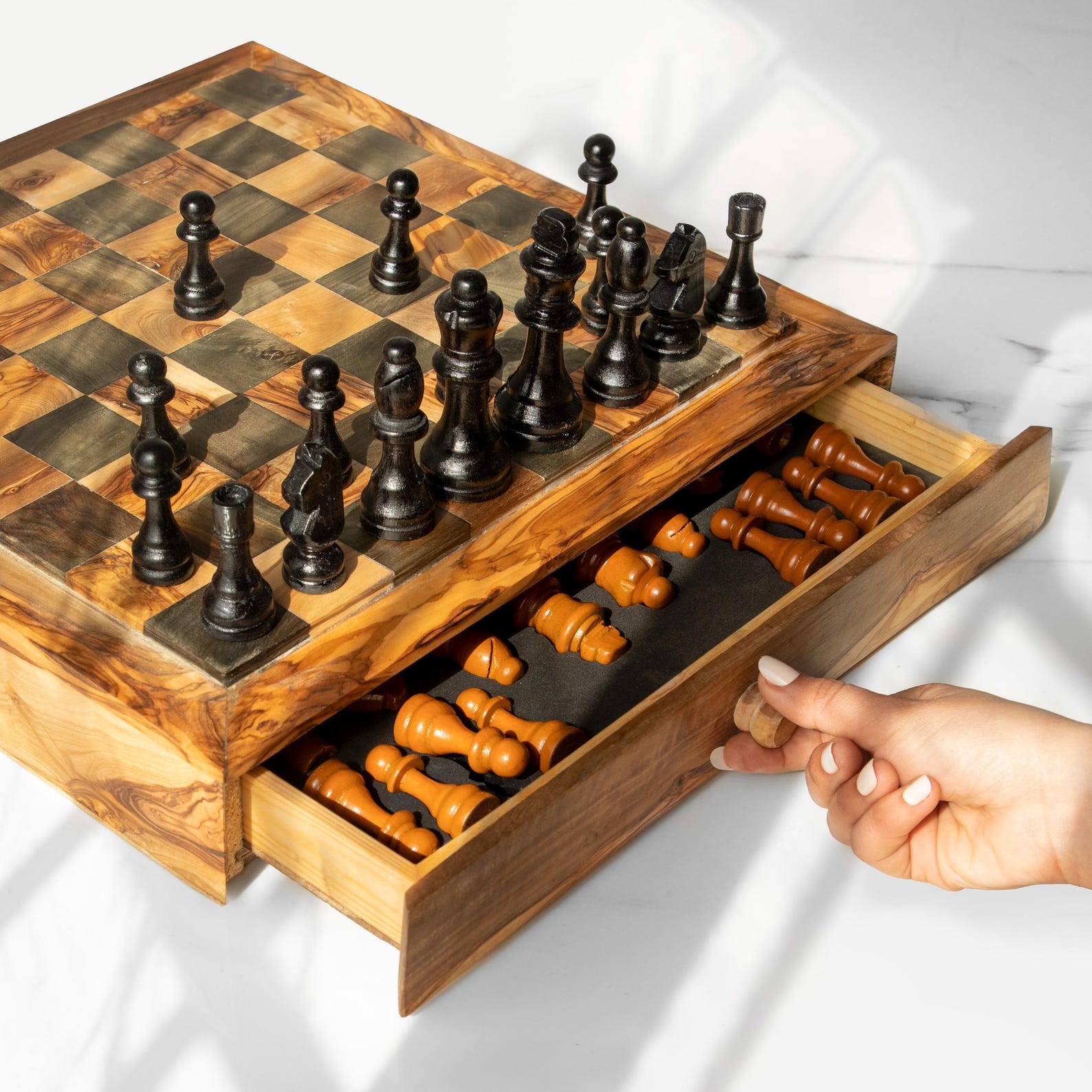 Engraved Olive Wood Chess Board with Pull-Out Drawer, Hand-Carved Strategy Game Set, Custom Wooden Heirloom for Collectors - Large - 35 cm (13.7 inches) ±5%