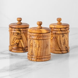 Handmade Olive Wood Spice Jar Set with Lid – Personalized Kitchen Storage +Gift Beeswax kit
