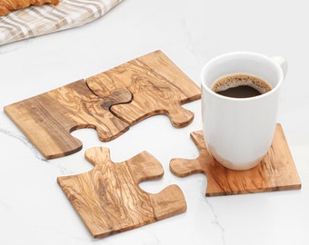Olijfhouten puzzelonderzetters: set van 4, gepersonaliseerde kop en schotels + pakket bijenwas cadeau