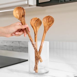 Handmade olive wood Cooking Spoons - Olive Wood Kitchen Utensils - Handmade Spoons - Custom Cooking Gift +FREE Personalization & Wood Wax