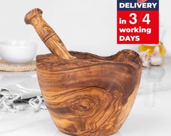 Handmade Olive Wood Mortar and Pestle: Rustic Kitchen Prep, +FREE Personalization