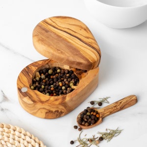 Fantastic Spice Cellar Handmade from Olive Wood - Spice Box with Pivoting Lid and Spoon + Free Personalization & Wood Wax