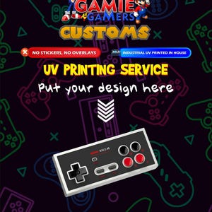 May include: Promotional image for Gamie Gamers Customs, featuring a retro video game controller with red and black buttons. The image includes the text "UV PRINTING SERVICE" and "Put your design here". The background is dark with neon controller outlines.