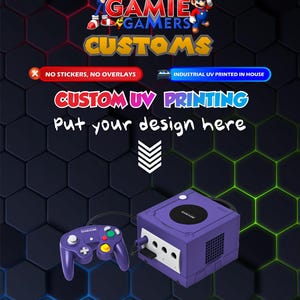 May include: A purple GameCube console and controller are displayed against a dark background with a honeycomb pattern. The image includes the text "GAMIE GAMERS CUSTOMS" and "CUSTOM UV PRINTING". The controller has purple buttons and a yellow joystick.