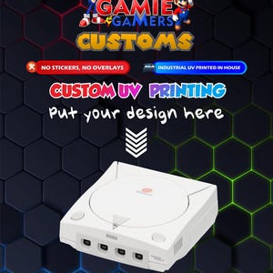 May include: White Sega Dreamcast console with the text "SEGA" on the front. The image features the text "GAMIE GAMERS CUSTOMS" and "CUSTOM UV PRINTING". The background is a dark hexagonal pattern with Sonic and Mario characters.
