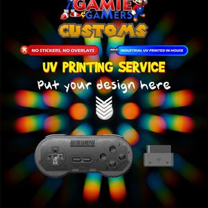 Könnte beinhalten: Werbegrafik für Gamie Gamers Customs mit Sonic- und Mario-Charakteren. Das Design hebt UV-Druckdienste mit einem Gamepad und einem Anschluss hervor. Der Text enthält "No Stickers, No Overlays" und "Industrial UV Printed In House."