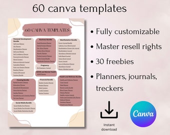 2000+ Pages PLR Canva Templates Bundle, 60 Canva PLR Templates, Planners, Journals, Trackers, PLR Products, Master Resell Rights, Printable