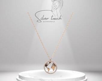 Sterling Silver World Necklace: Show your Wanderlust with Style l 925 Silver l Gold rose coating