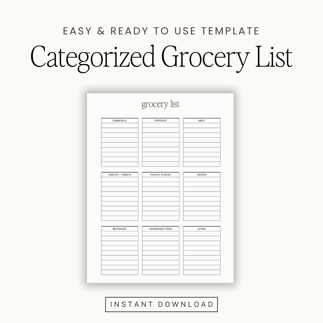 Free Printable Grocery Shopping List Categorized Template