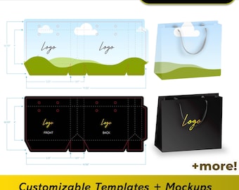 Puede incluir: Plantillas y maquetas de bolsas de regalo. La imagen muestra un diseño de bolsa de regalo con un cielo y un paisaje verde, y una bolsa negra con un logotipo dorado. El texto dice "Gift Bag", "Customizable Templates + Mockups" e instrucciones para usar con Canva o Adobe.