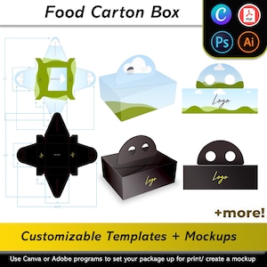 Food Carton Box Mockups + Templates | Box with Handles | Takeout Container | Customizable Print Design | 3D | Editable Canva and Adobe Files