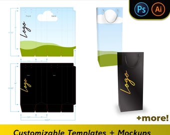 Modèles de maquette de sac cadeau vin : fichiers Canva et Adobe personnalisables