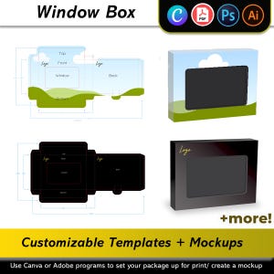 Op de afbeelding: Een mockup van een vensterdoosverpakkingssjabloon met een logo, een venster en een groen grasontwerp. De sjabloon is aanpasbaar en kan worden gebruikt om mockups te maken voor print of voor het maken van een mockup.