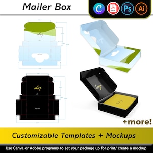 Mailer Box Mockups + Templates | DIY Shipping Box | Customizable | Print Design | 3D Design |  Editable Canva and Adobe Files