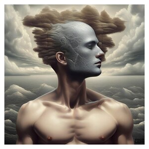 Puede incluir: Ilustración digital artística del perfil de un hombre, su rostro y cabello se fusionan con un cielo nublado. La piel del hombre es de un gris pálido, con venas sutilmente visibles. El fondo presenta un paisaje marino con nubes ondulantes y una paleta de colores apagados.