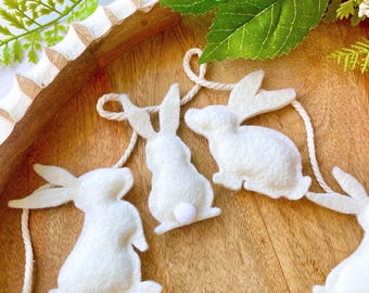 White felt Easter Bunny shaped string garland, hanging wall or mantle decoration